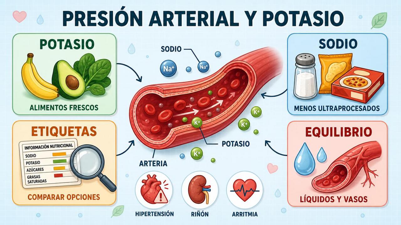 Potasio, sodio, etiquetas y equilibrio vascular en la tensión arterial.