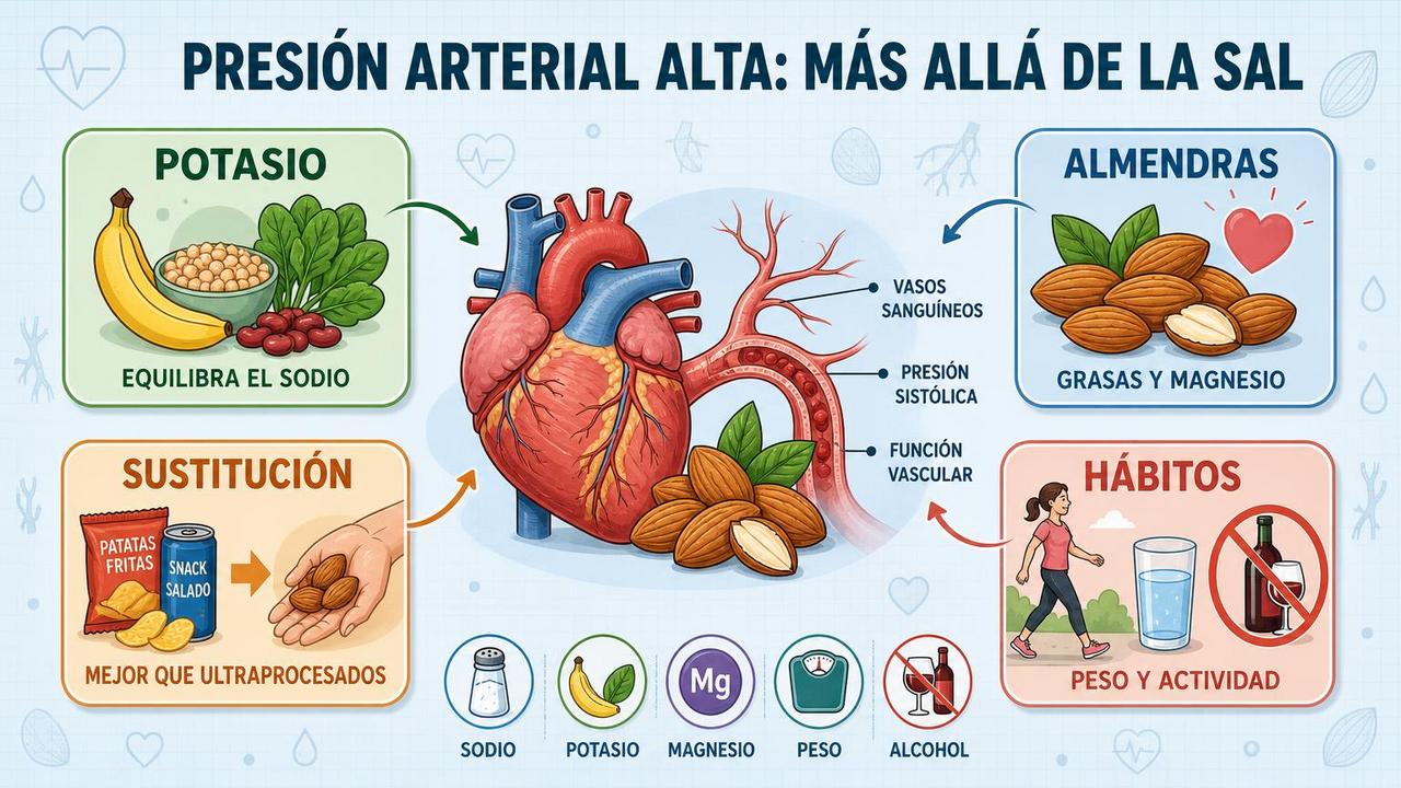 Potasio, almendras, sustitución inteligente y hábitos saludables influyen en la tensión.