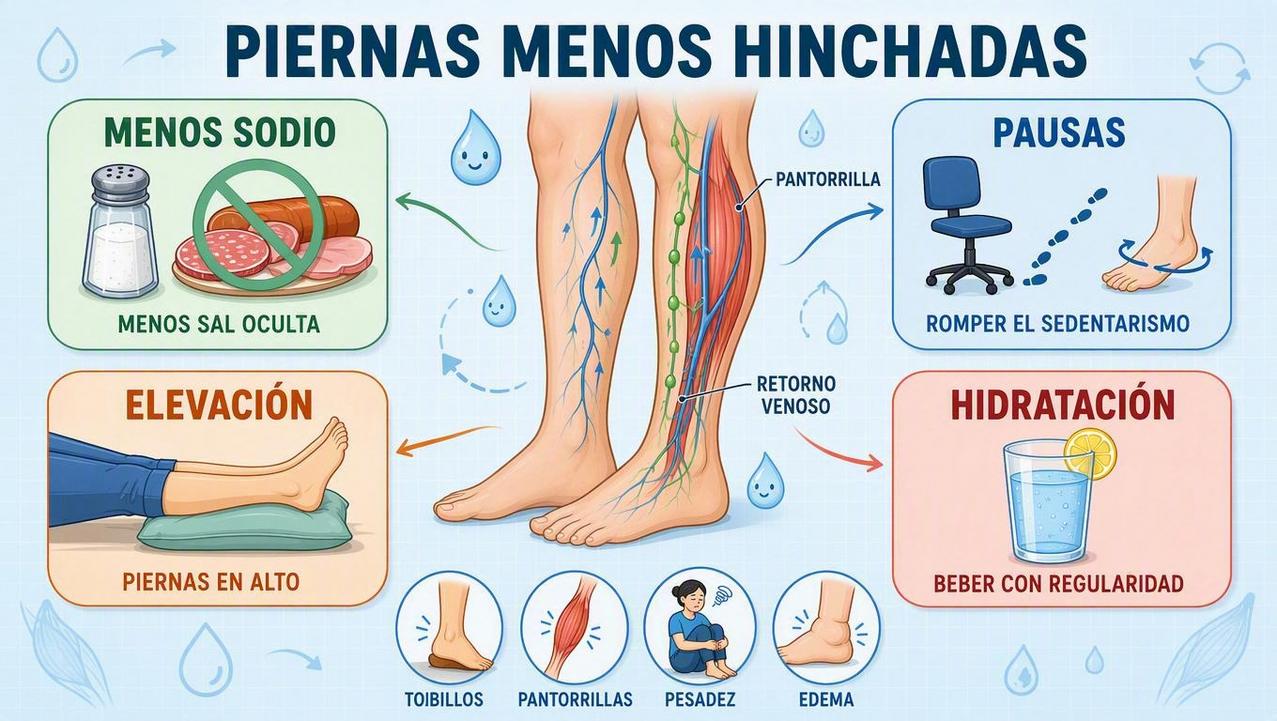 Menos sodio, pausas activas, elevación e hidratación para desinflamar las piernas.