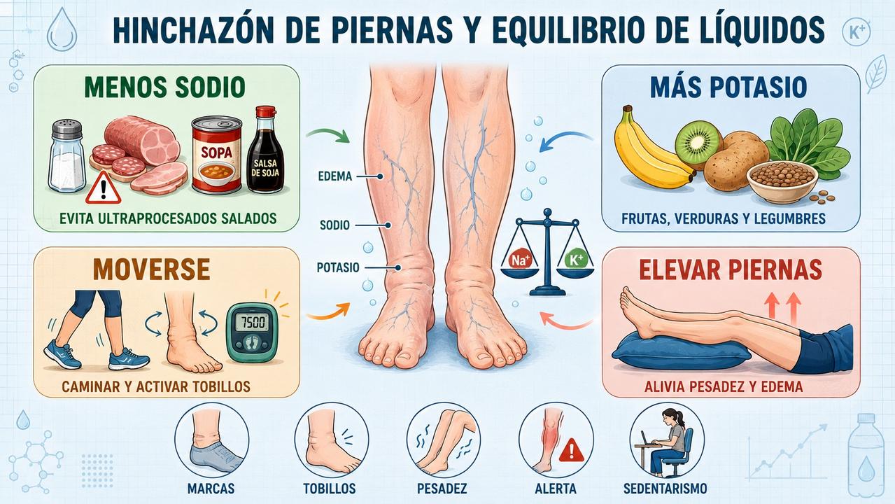 Cuatro pilares para reducir edema: menos sodio, más potasio, movimiento y elevación.