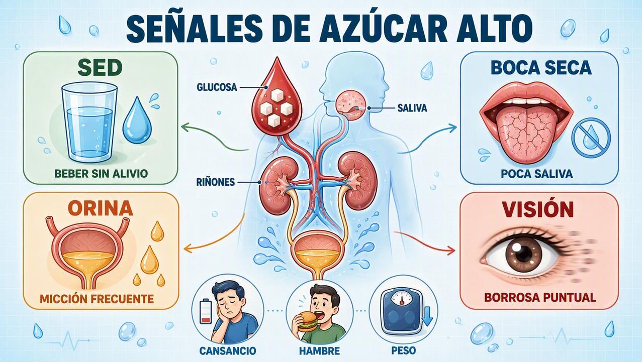 Sed, sequedad bucal, micción frecuente y visión borrosa como señales clave.