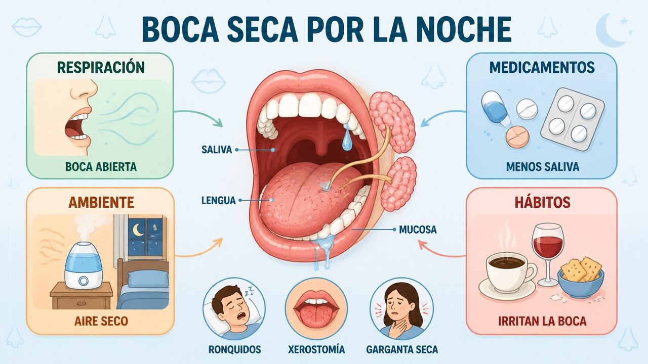 Respiración, fármacos, ambiente y hábitos influyen en la sequedad bucal nocturna.