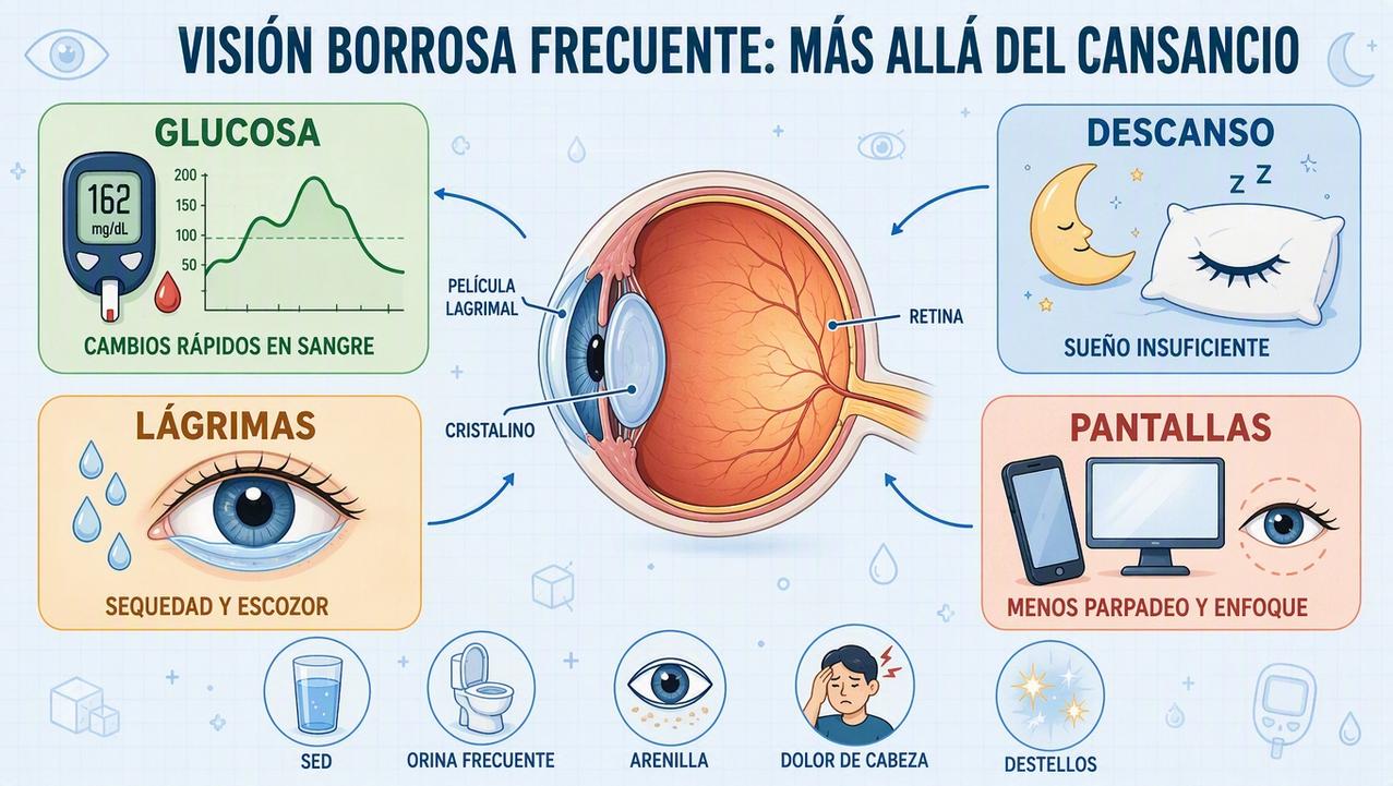 Glucosa, sueño, sequedad y pantallas influyen en la nitidez visual.