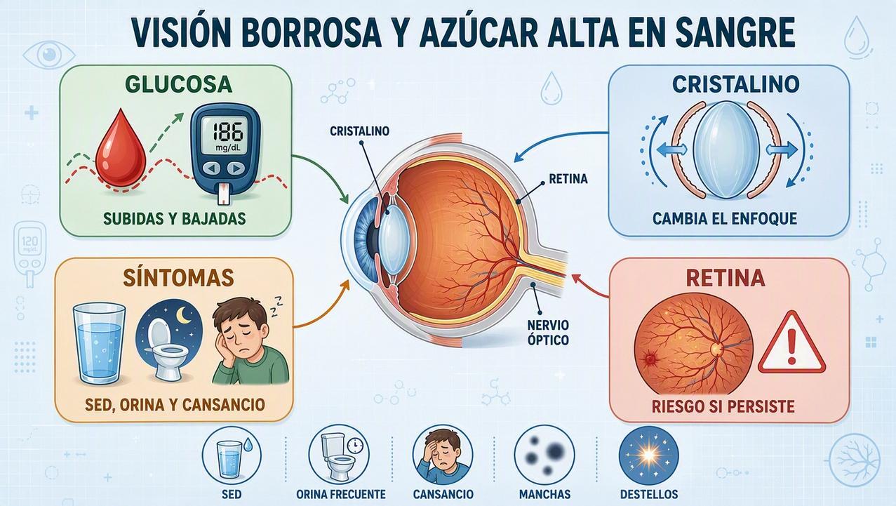 Glucosa, cristalino, síntomas y retina: claves visuales de la hiperglucemia.