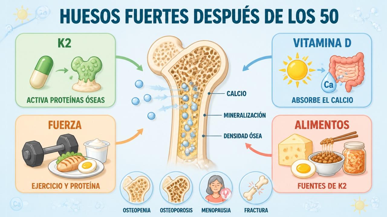 K2, vitamina D, fuerza y alimentos clave para proteger los huesos.