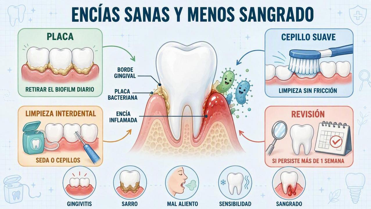 Placa, cepillo suave, limpieza interdental y revisión: claves para encías sanas.