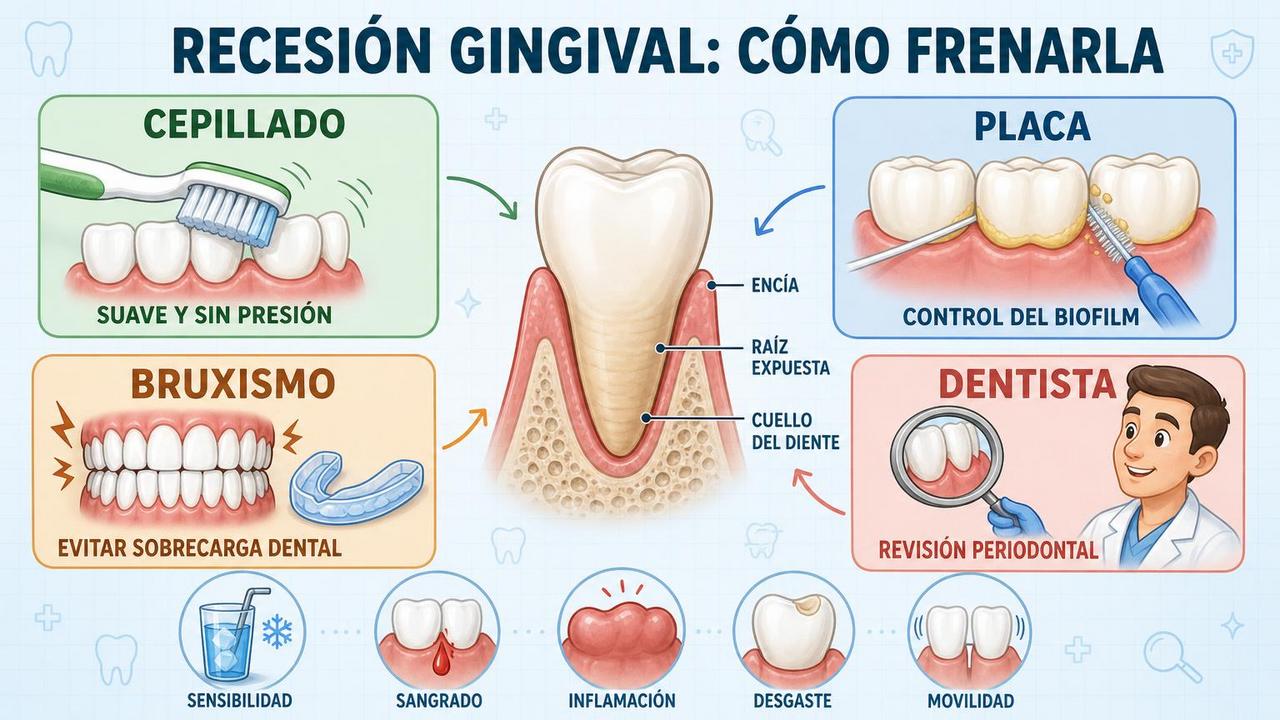 Cepillado suave, control de placa, bruxismo y revisión dental ayudan a frenarla.
