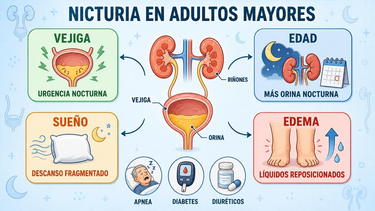 Vejiga, edad, sueño y edema explican muchos casos de nicturia.