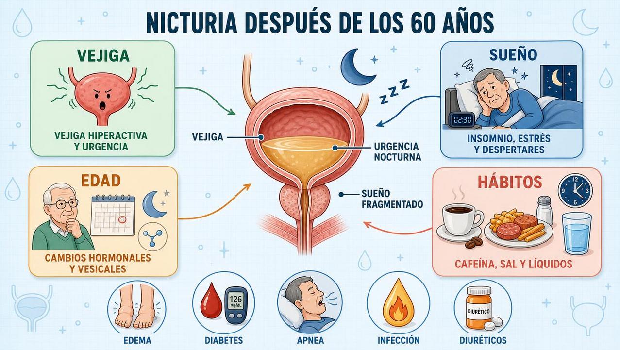 Vejiga, sueño, edad y hábitos influyen en la orina nocturna.