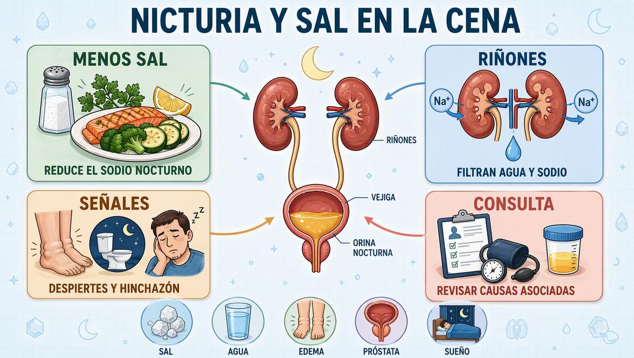 Menos sal, función renal, señales y consulta: pilares clave frente a la nicturia.