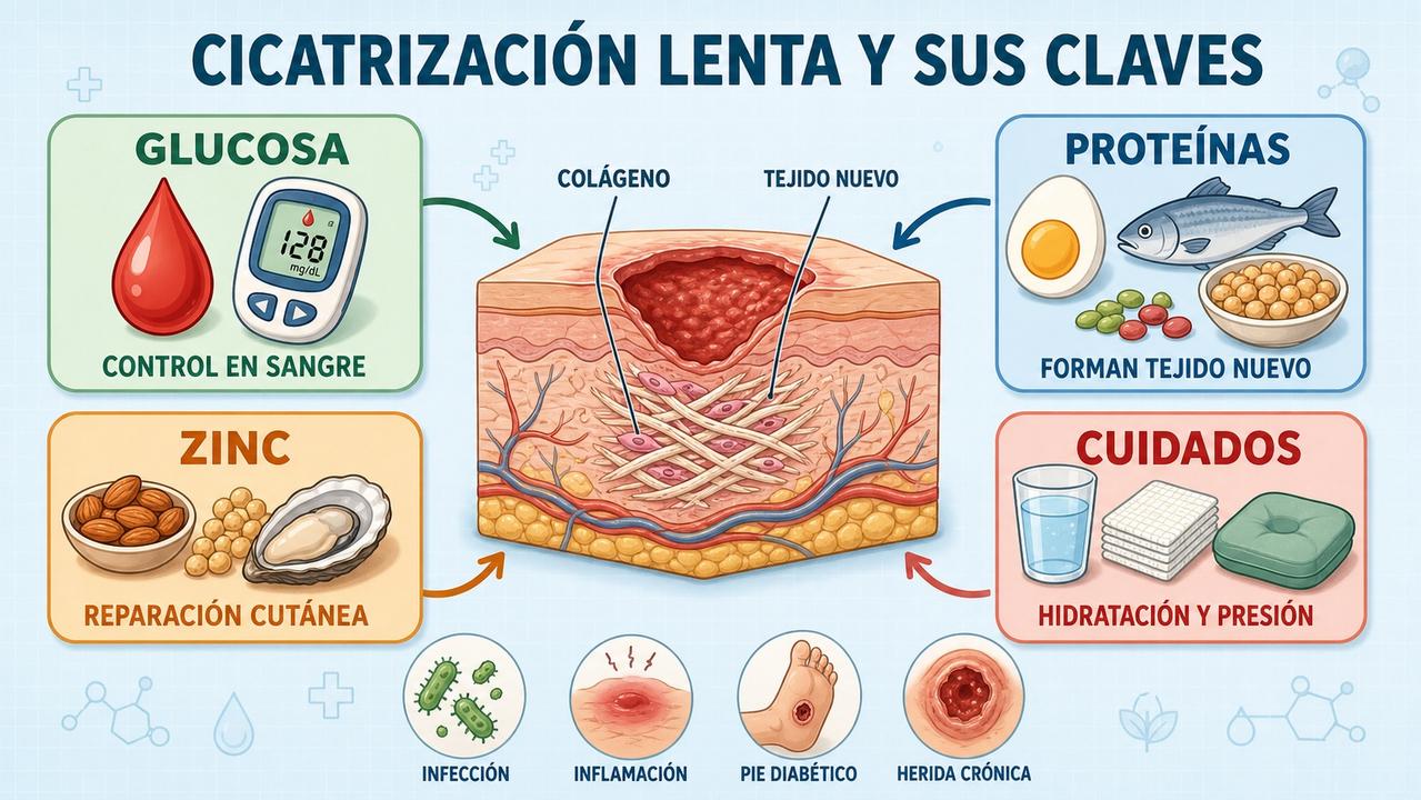 Glucosa, proteínas, zinc y cuidados locales influyen en reparar una herida.