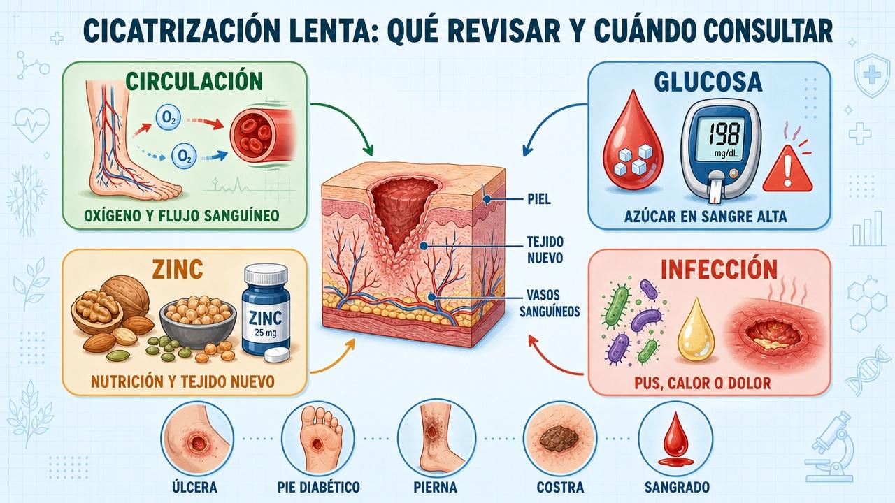 Circulación, glucosa, zinc e infección: claves de la cicatrización lenta.