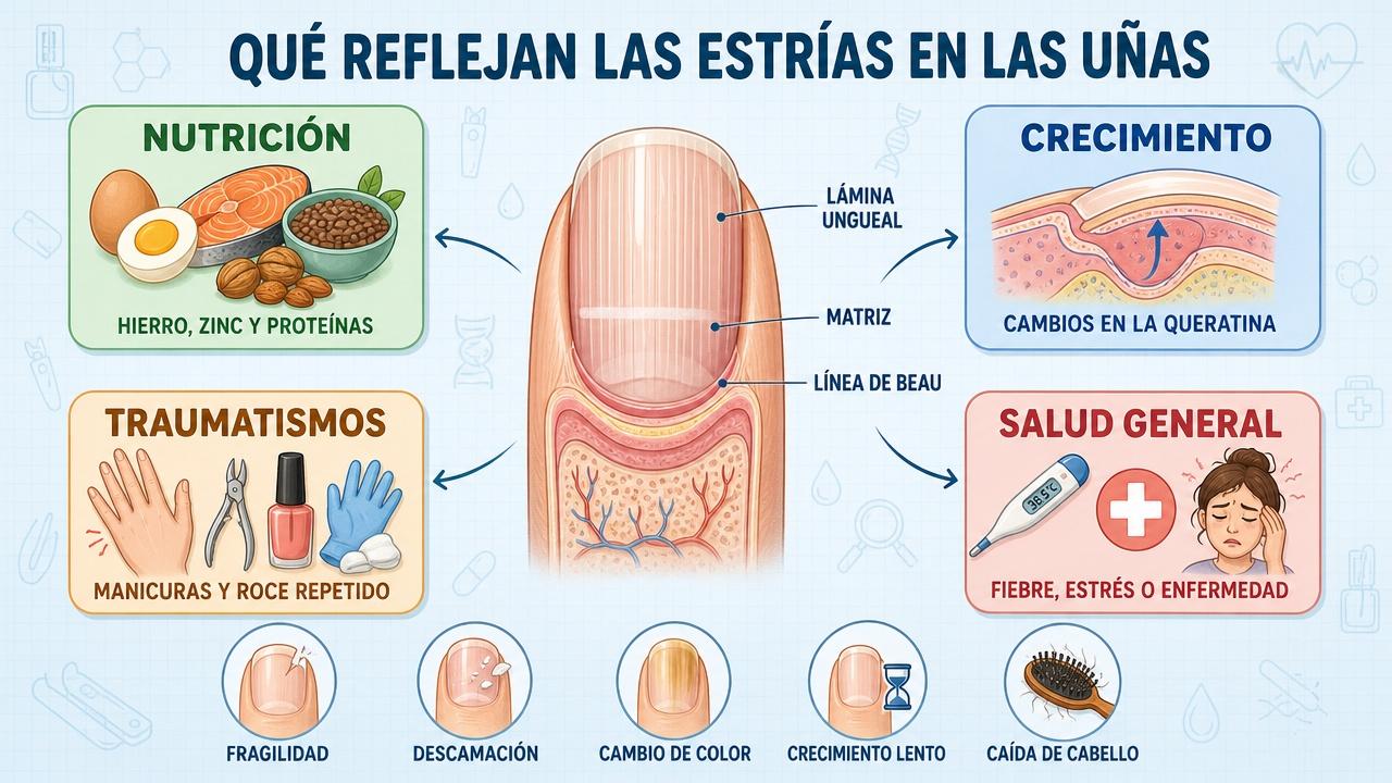 Nutrición, crecimiento, traumatismos y salud general influyen en las estrías ungueales.