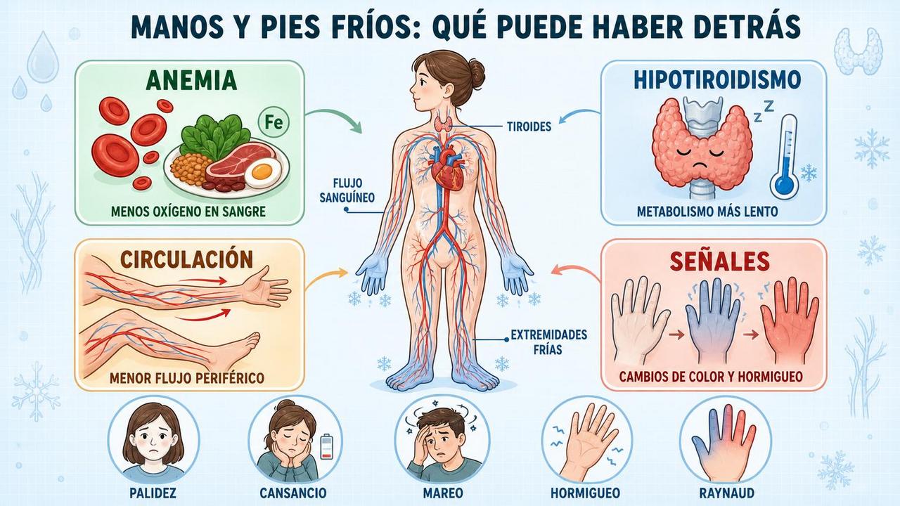 Anemia, hipotiroidismo, circulación y señales asociadas explican manos y pies fríos.