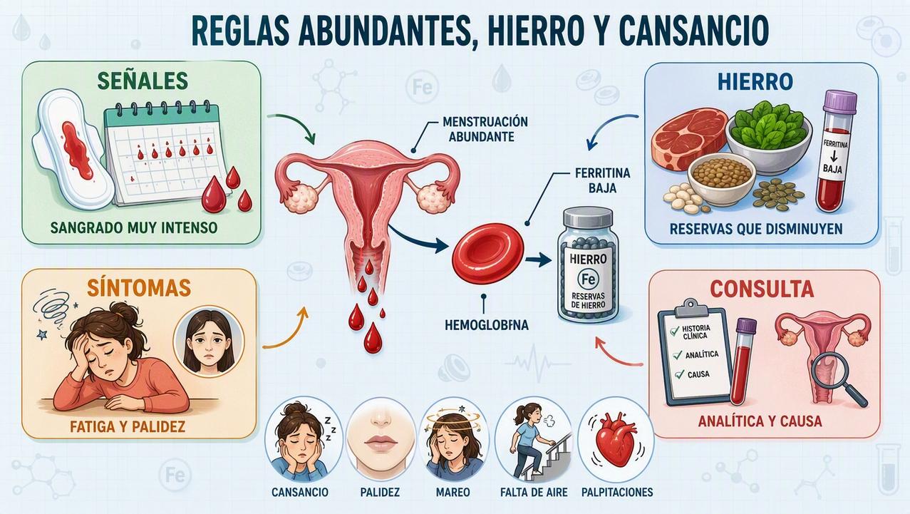 Señales, síntomas, hierro y evaluación médica ante menstruaciones abundantes repetidas.