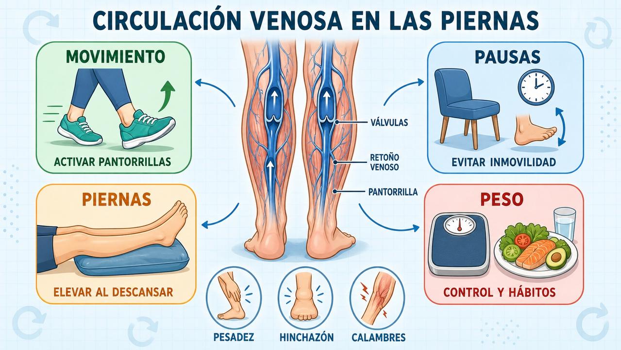 Movimiento, pausas, elevación y control del peso favorecen la circulación venosa.