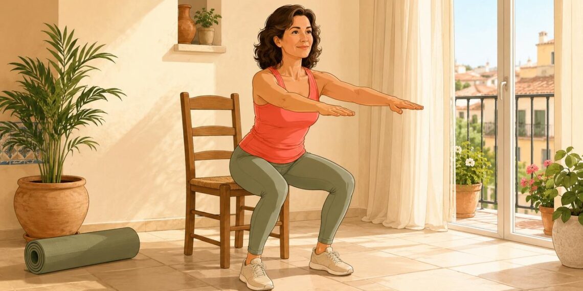 La sentadilla a silla mejora fuerza, equilibrio y protección lumbar después de los 45.