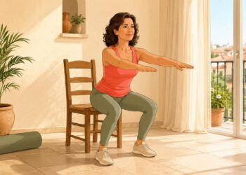 La sentadilla a silla mejora fuerza, equilibrio y protección lumbar después de los 45.