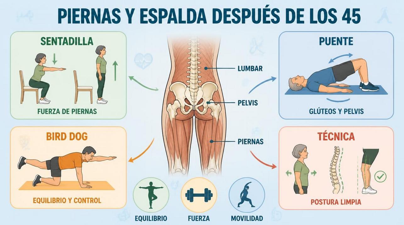 Sentadilla, puente, bird dog y técnica postural para fortalecer piernas y espalda.
