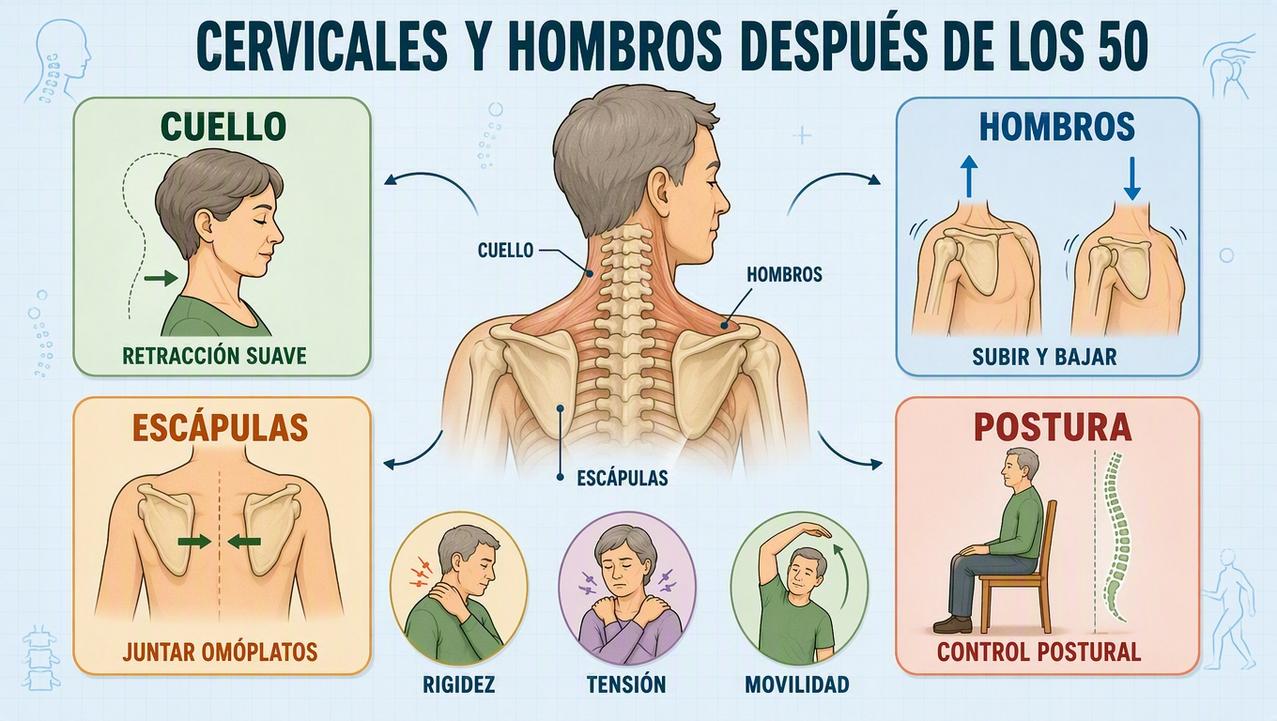 Retracción cervical, hombros, escápulas y postura forman los cuatro pilares clave.