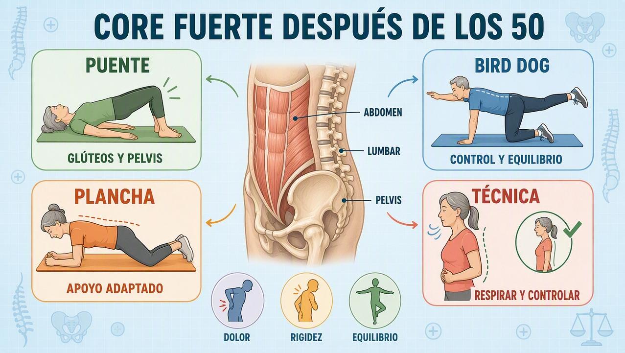 Puente, bird dog, plancha y técnica para un core estable después de los 50.