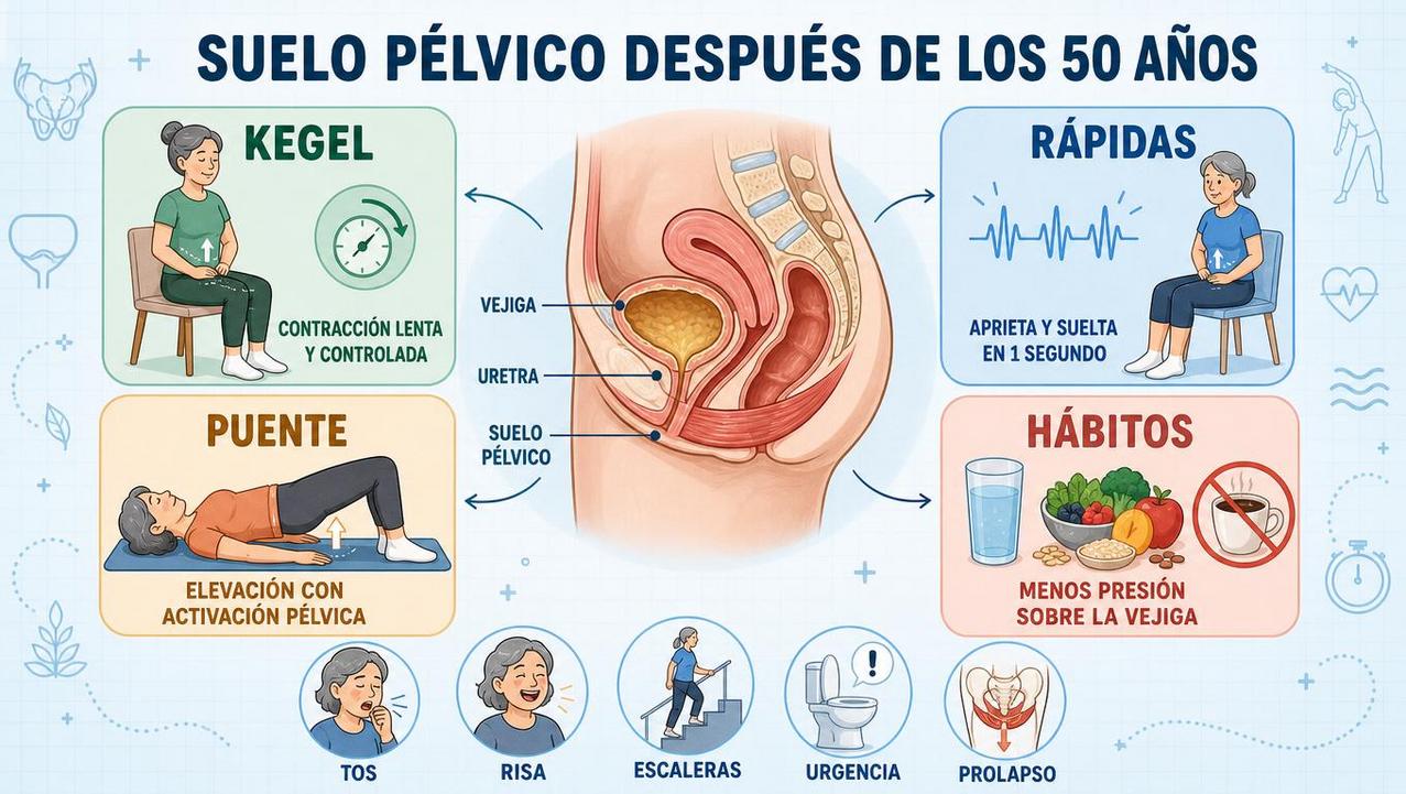 Kegel, contracciones rápidas, puente y hábitos protectores para la continencia.