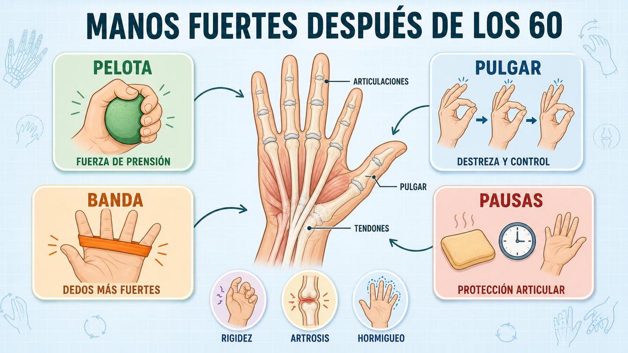 Pelota, pulgar, banda y pausas para proteger las articulaciones de la mano.