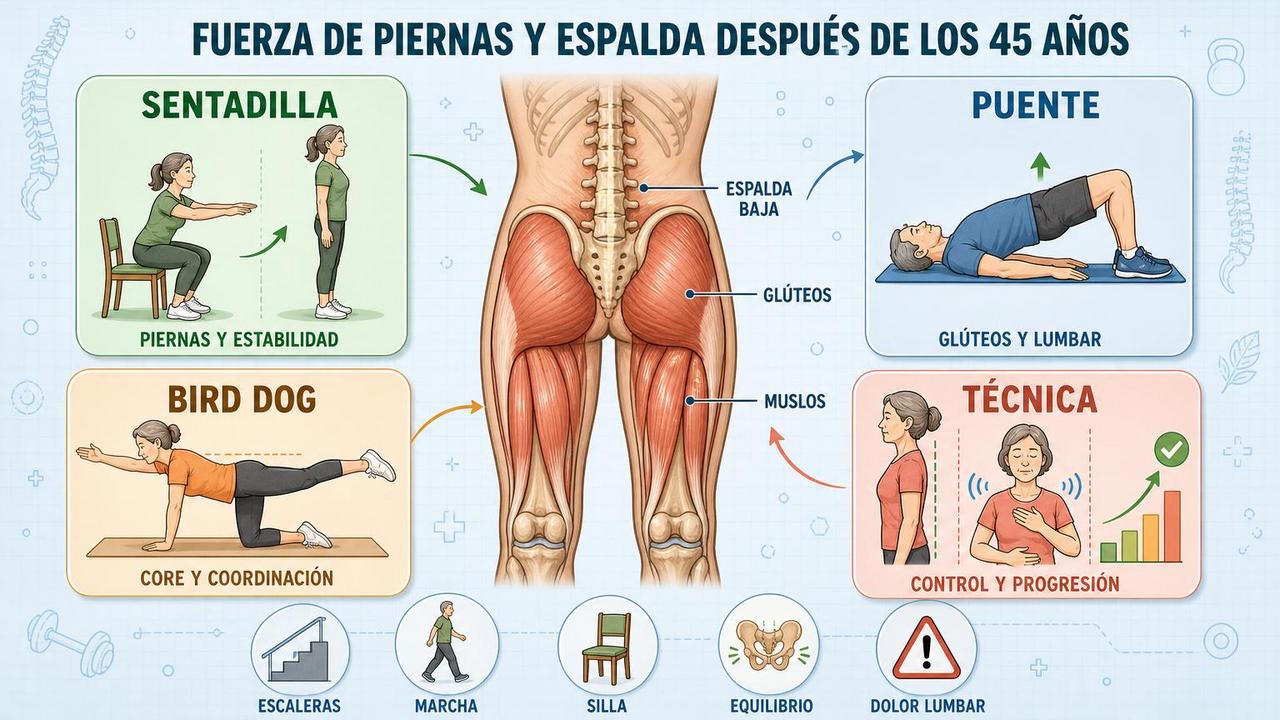 Sentadilla, puente, bird dog y técnica sostienen piernas y espalda fuertes.