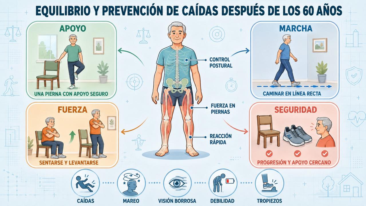 Cuatro pilares del equilibrio: apoyo, marcha, fuerza y práctica segura.