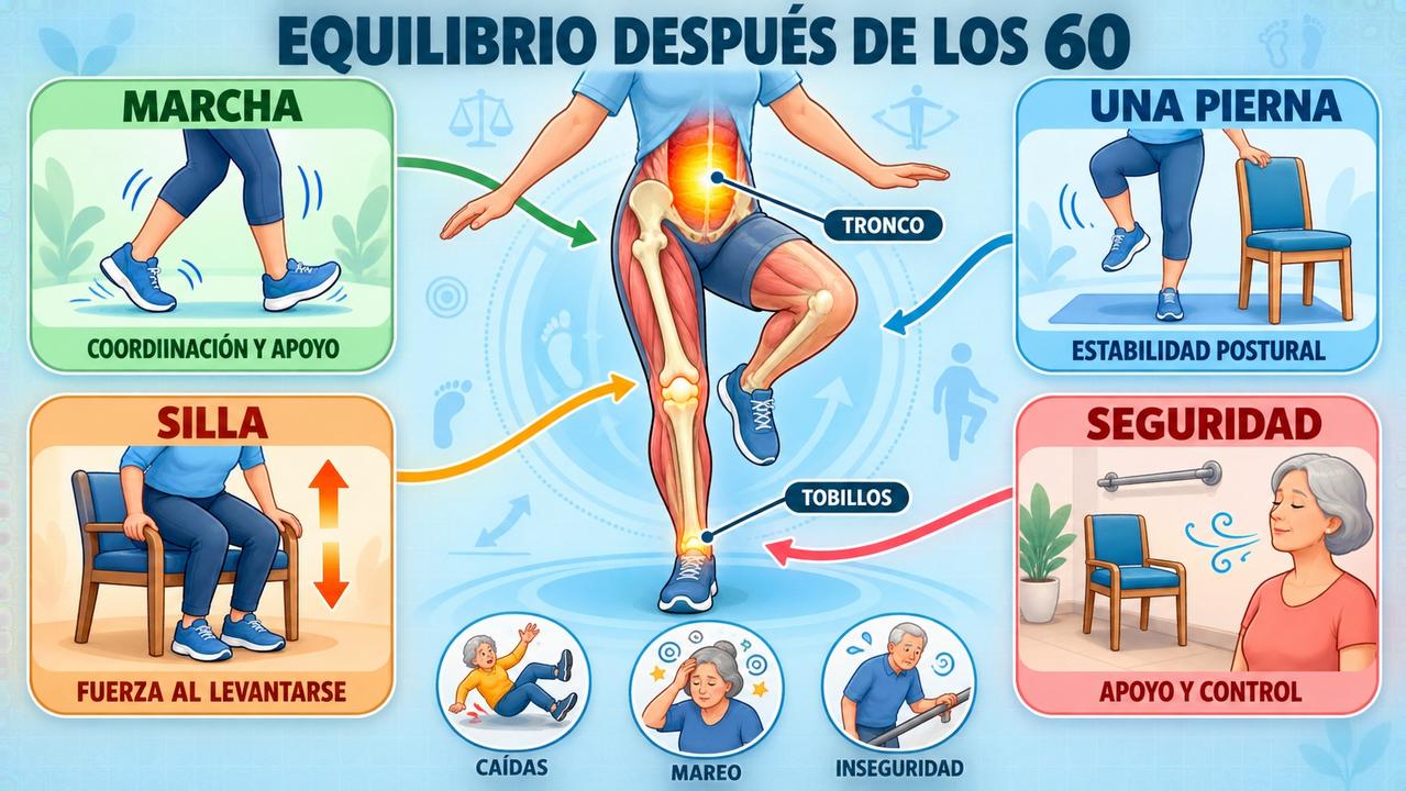 Marcha, apoyo, fuerza y seguridad como pilares del equilibrio en mayores.