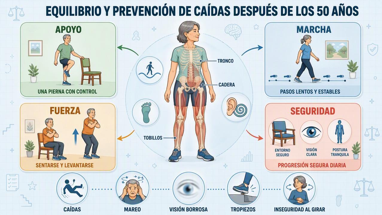 Apoyo, marcha, fuerza y seguridad sostienen el equilibrio después de los 50.