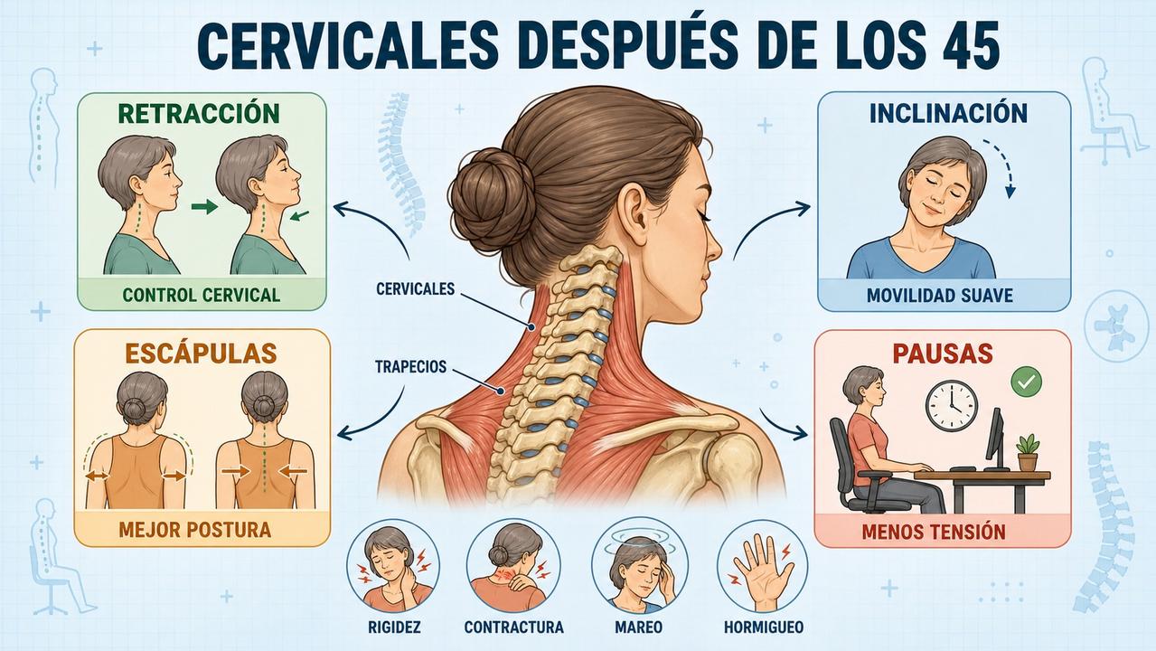 Retracción, inclinación, escápulas y pausas ayudan a descargar cuello y cervicales.
