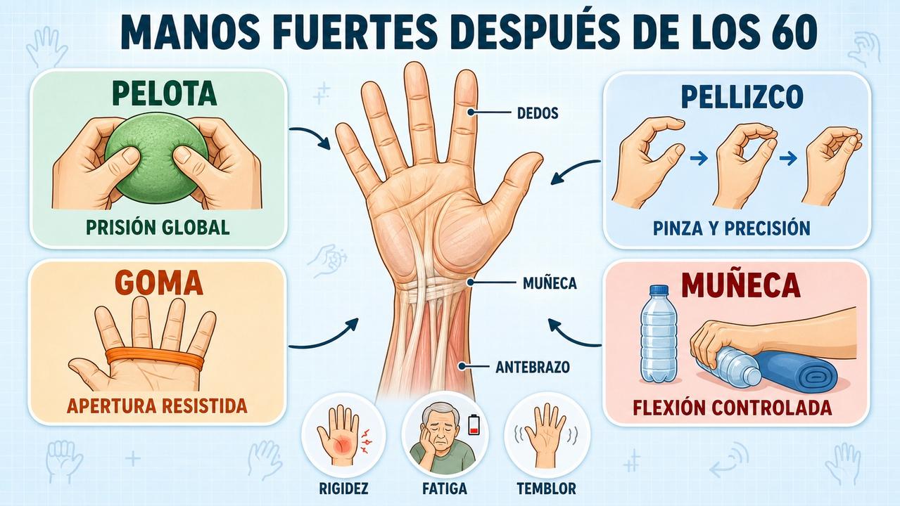 Pelota, pellizco, goma y muñeca resumen los ejercicios clave para fortalecer las manos.