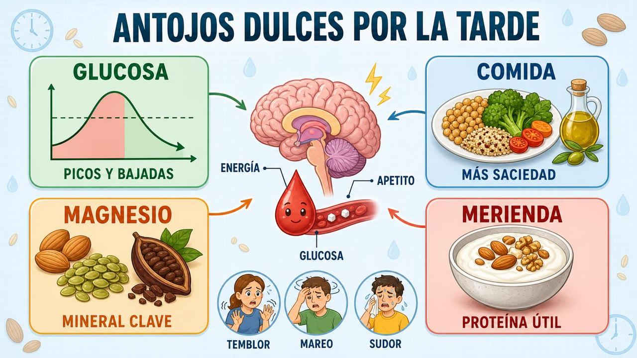 Glucosa, comida saciante, magnesio y merienda ayudan a frenar antojos.