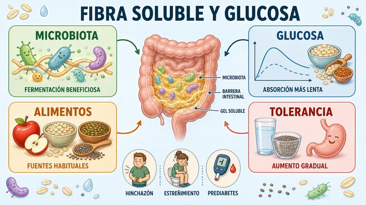 Microbiota, glucosa, alimentos y tolerancia resumen los pilares de la fibra soluble.