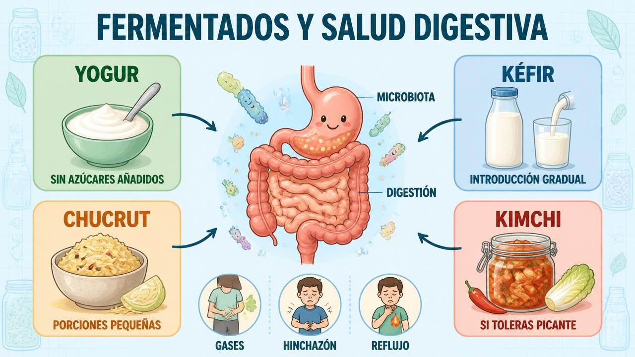 Cuatro fermentados habituales y su papel en microbiota, digestión y tolerancia.
