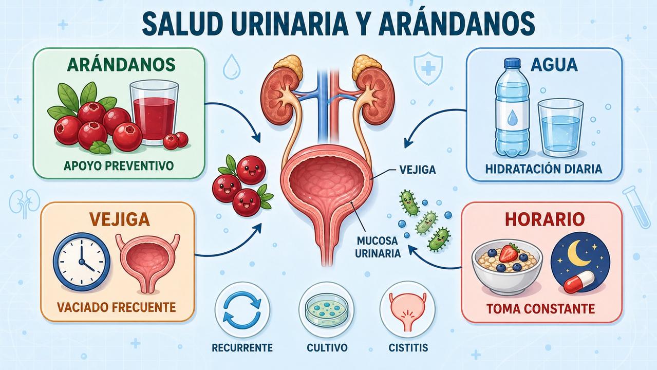 Arándanos, agua, vaciado vesical y constancia como pilares del cuidado urinario.