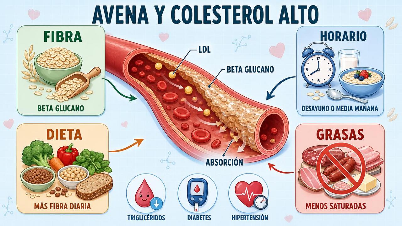 Fibra, horario, dieta y menos grasas saturadas para mejorar el perfil lipídico.