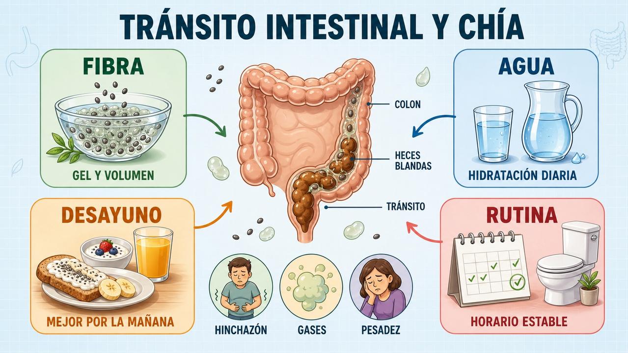 Fibra, agua, desayuno y rutina favorecen un mejor tránsito intestinal.