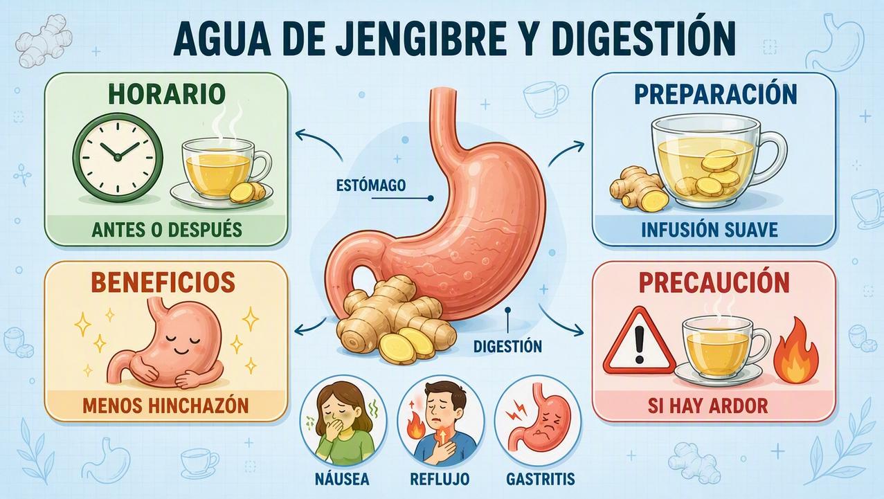 Horario, preparación, beneficios y precauciones del agua de jengibre digestiva.