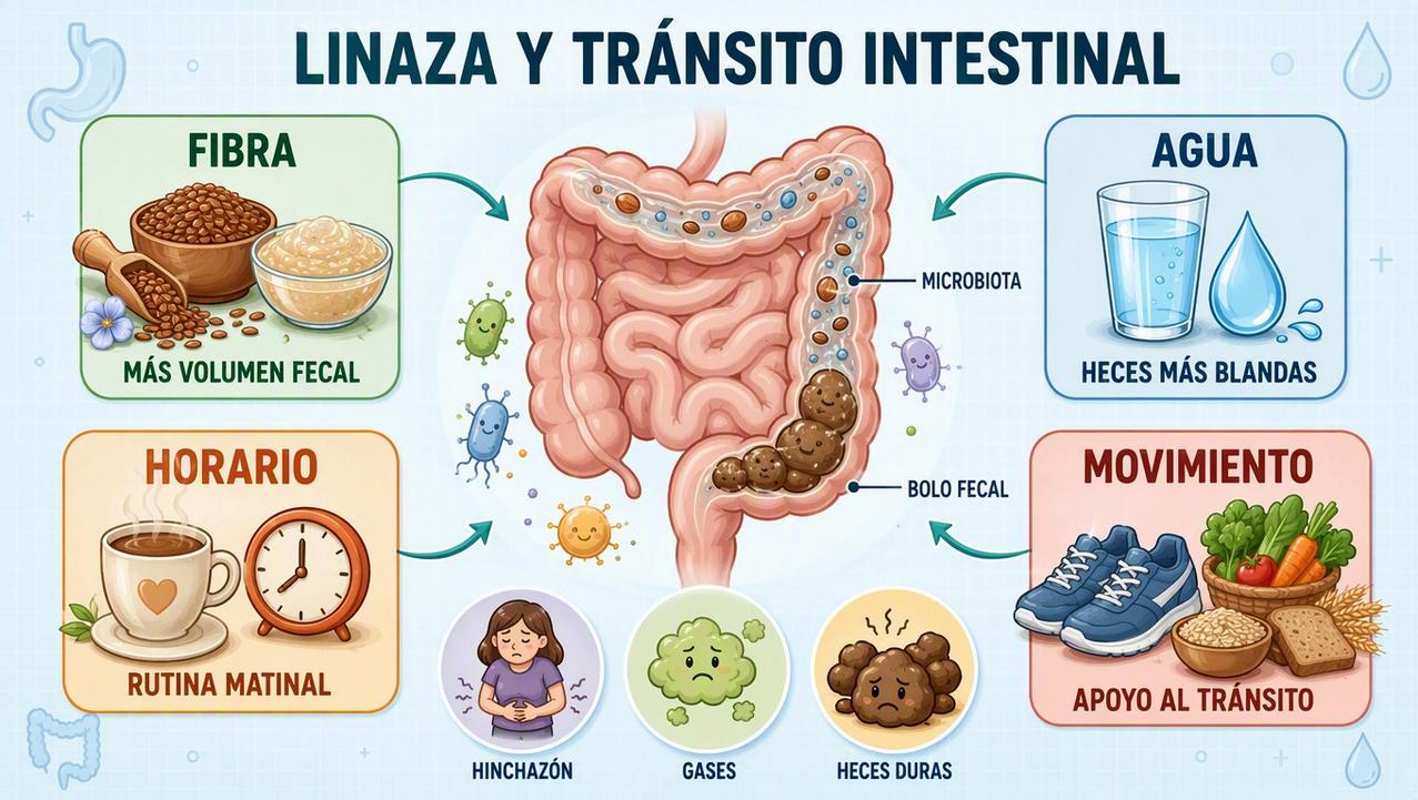 Fibra, agua, horario y movimiento explican cómo la linaza favorece el tránsito.