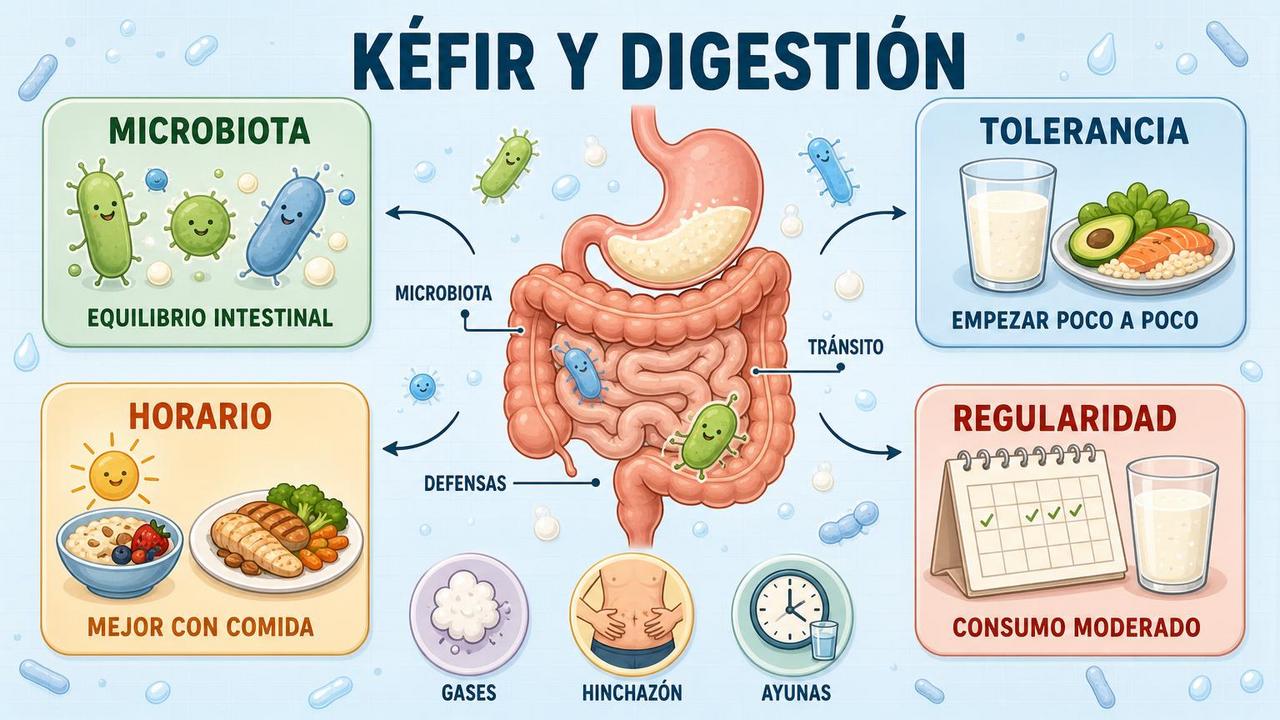 Microbiota, tolerancia, horario y regularidad marcan el uso digestivo del kéfir.