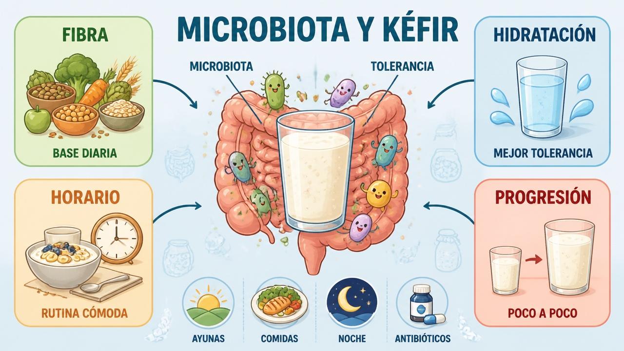 Fibra, hidratación, horario y progresión ayudan a tolerar mejor el kéfir.
