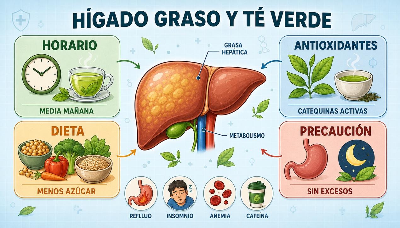 Horario, antioxidantes, dieta y precauciones para integrar el té verde con hígado graso.