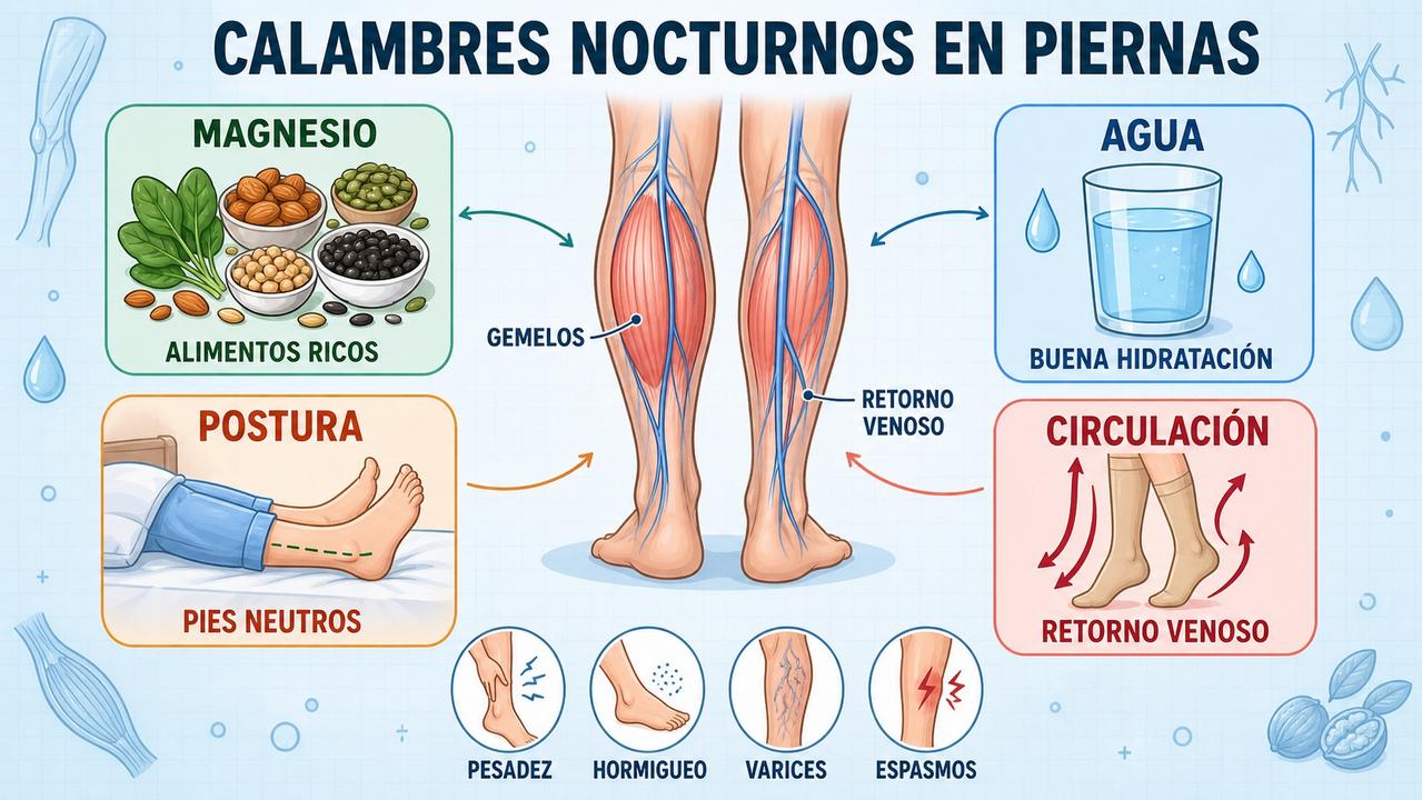 Magnesio, hidratación, postura y circulación ayudan a prevenir espasmos nocturnos.