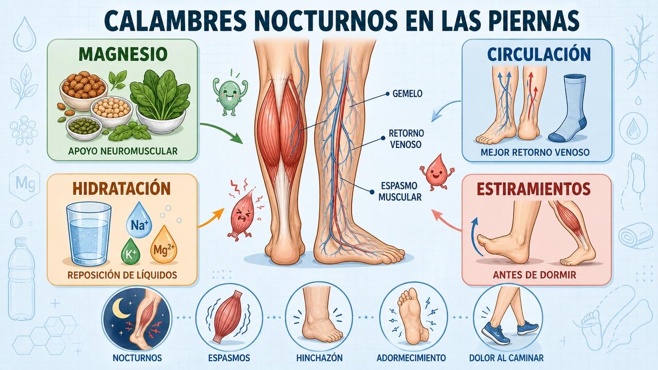 Magnesio, circulación, hidratación y estiramientos: claves para prevenir calambres nocturnos.