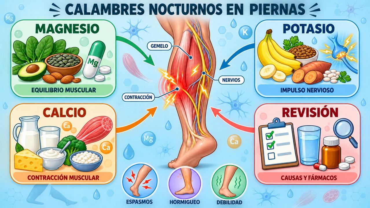 Magnesio, potasio, calcio y revisión clínica orientan la prevención de calambres.