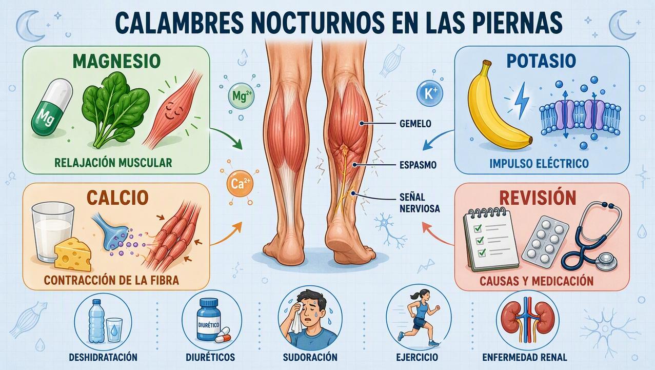 Infografía sobre minerales clave, revisión clínica y desencadenantes de los calambres nocturnos.