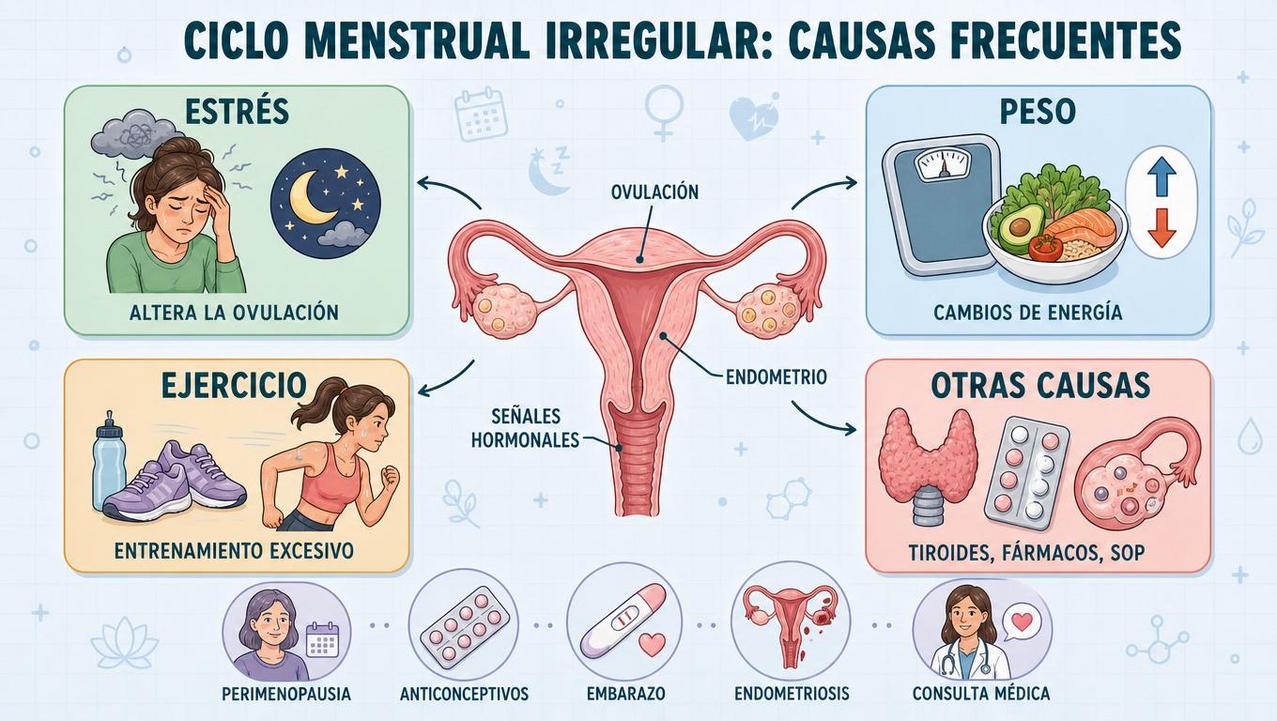 Cuatro factores frecuentes que influyen en la regularidad del ciclo menstrual.