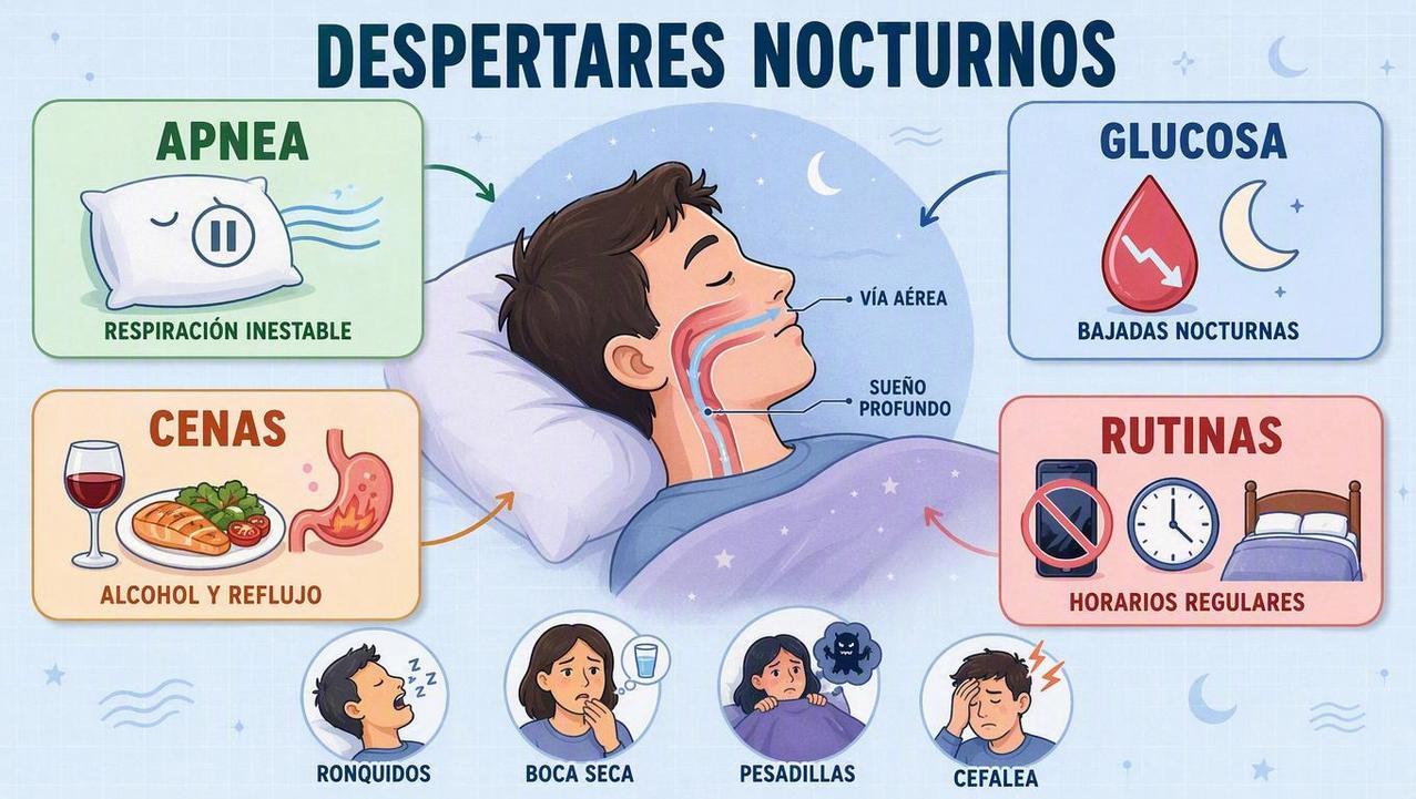 Apnea, glucosa, cenas y rutinas influyen en el sueño fragmentado.